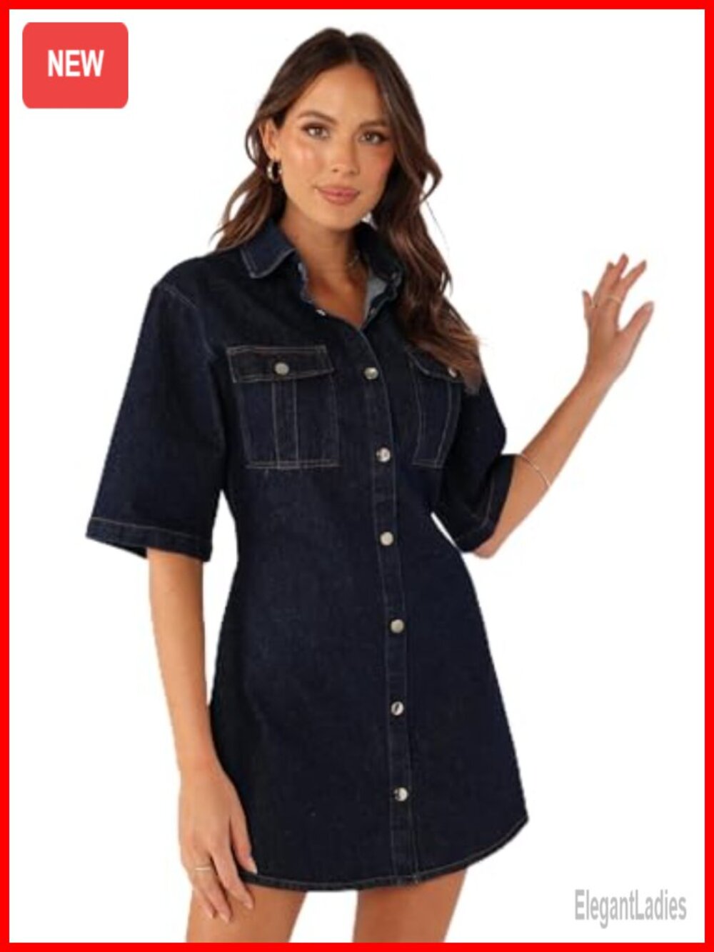 Denim Mini Dress Spread Collar Button Front Chest Pockets Casual Party